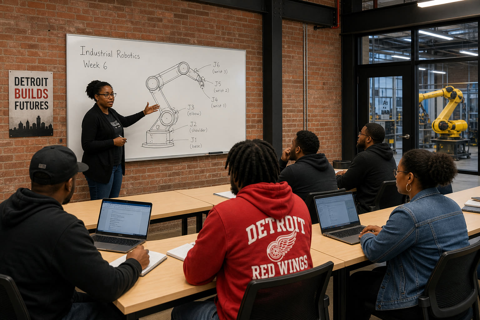 An instructor points to a robotics diagram on a whiteboard while students take notes at long tables in a brick classroom.