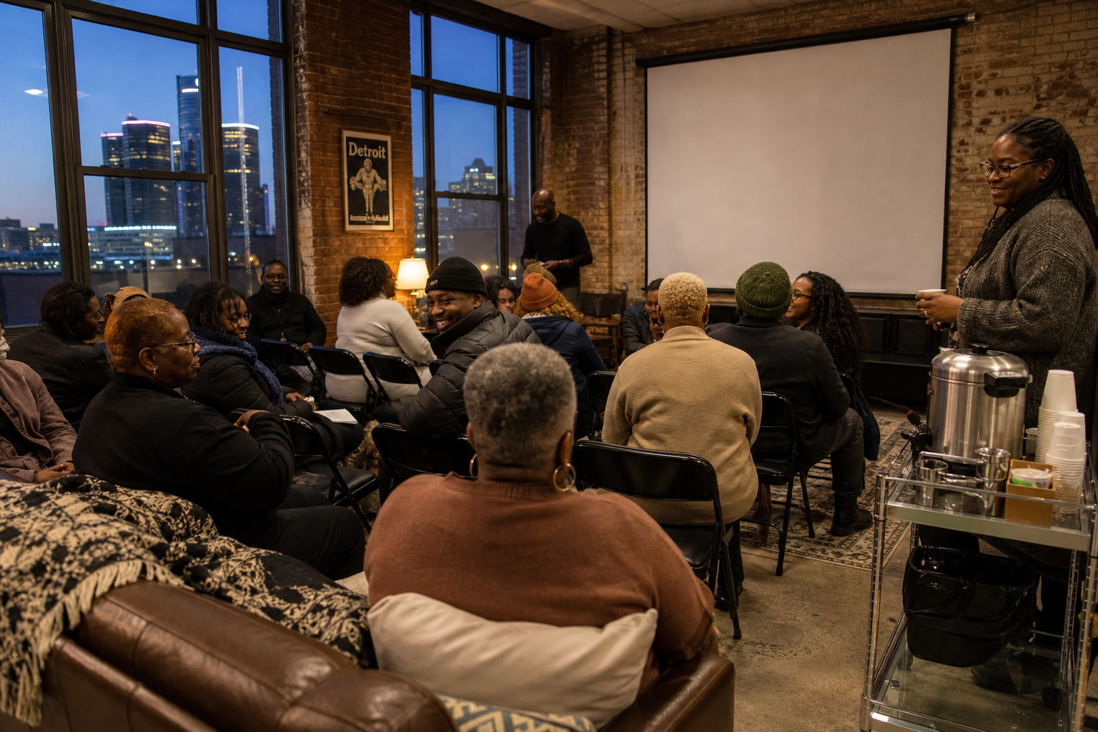Neighbors gather on folding chairs and a sofa for an evening presentation in a brick commons room with a coffee cart and city windows.