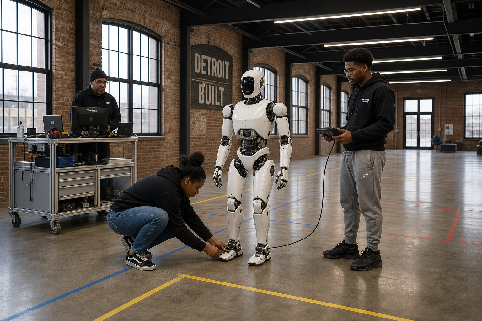 Three people work on a white humanoid robot on a taped concrete floor in an industrial hall; one crouches at the robot's foot while another holds a controller.