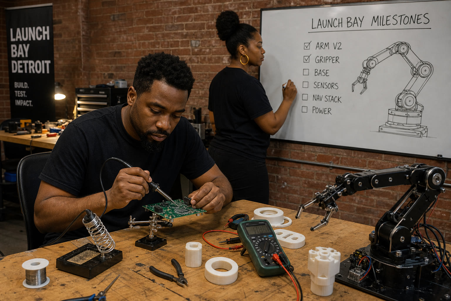 One person solders a circuit board at a workbench while another updates a Launch Bay milestones whiteboard with a robotic arm sketch.